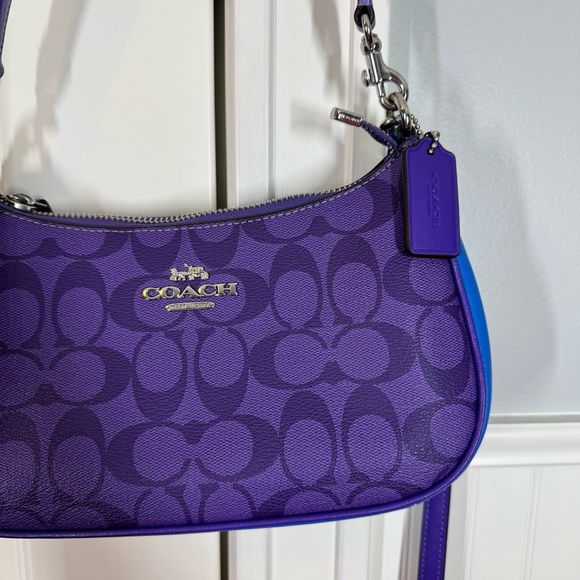 Coach Teri Shoulder Crossbody Bag In Blocked Signature Canvas Blue & Purple - Picture 3 of 12
